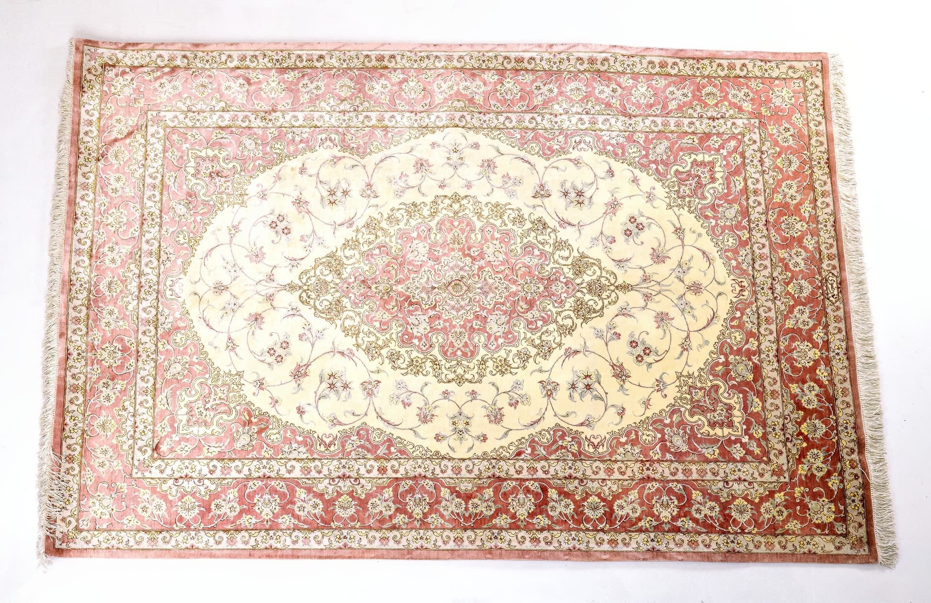 Signed Superfine Pure Silk Persian Qum — Soft Rose Medallion — photograph